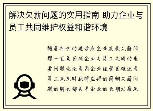 解决欠薪问题的实用指南 助力企业与员工共同维护权益和谐环境