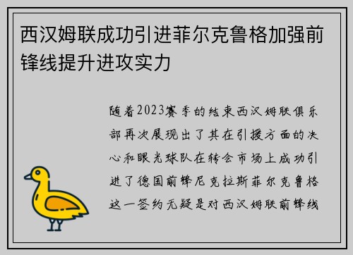 西汉姆联成功引进菲尔克鲁格加强前锋线提升进攻实力