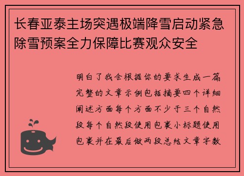 长春亚泰主场突遇极端降雪启动紧急除雪预案全力保障比赛观众安全
